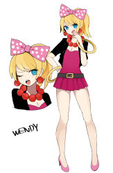 1girl ;o bangle belt black_jacket bow bracelet breasts character_name cleavage dress earrings hair_bow hand_on_own_hip hand_up high_heels jacket jewelry looking_at_viewer lzesmelt mario_(series) multiple_views nintendo one_eye_closed personification pink_bow pink_dress pink_nails pink_shoes polka_dot polka_dot_bow red_necklace shoes small_breasts standing wendy_o._koopa