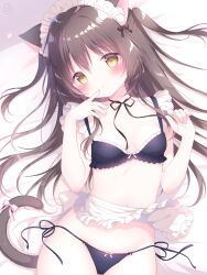 1girl absurdres animal_ear_fluff animal_ears apron bare_arms bare_shoulders bikini black_bikini black_bow black_bra black_panties black_ribbon blush bow bra breasts brown_eyes brown_hair cat_ears cat_girl cat_tail choker cleavage closed_mouth collarbone cowboy_shot frilled_apron frilled_bra frills groin hair_between_eyes hair_ribbon hand_up hands_up highres long_hair looking_at_viewer lying maid maid_bikini maid_headdress medium_breasts navel on_back original panties parted_lips paw_pose ribbon side-tie_panties small_breasts smile solo stomach swimsuit tail tail_ornament tail_raised two_side_up unconventional_maid underwear underwear_only usami_cocoa very_long_hair waist_apron white_apron yellow_eyes