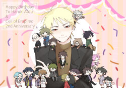 Rule 34 | 4girls, 6+boys, aiba ibuki, anniversary, arms up, asaba kurone, atou haruki, black hair, black jacket, black pants, black shorts, blonde hair, blue hair, blue jacket, blue necktie, blue pants, blue sleeves, braid, brown hair, brown shirt, brown sweater, capelet, character name, closed eyes, closed mouth, coat, commentary request, confetti, copyright name, donut, english text, enomoto noa, everyone, food, fur-trimmed jacket, fur trim, glasses, gold trim, green hair, green jacket, green scarf, grey jacket, grey pants, grey shirt, hair over one eye, hand on own chest, happy birthday, harada minoru, hatsutori hajime, highres, holding, holding food, holding hands, isoi haruki, isoi rai, isoi reiji, isoi reiji (rei-kun), jabuchi you, jacket, kanou aogu, kumazaki karen, kumazaki riku, kurachi terumi, long hair, long sleeves, looking at viewer, mini person, miniboy, minigirl, multiple boys, multiple girls, necktie, open clothes, open coat, open jacket, open mouth, otowa rui (saibou shinkyoku), pants, parted bangs, pink hair, ponytail, purple coat, purple sweater, raglan sleeves, red eyes, red jacket, red necktie, red pants, saibou shinkyoku, scarf, semi-rimless eyewear, shinano eiji, shirt, short hair, short sleeves, shorts, side braid, single braid, sitting, smile, spoilers, sweater, turtleneck, turtleneck sweater, utsugi noriyuki, white capelet, white hair, white jacket, white shirt, yanagi nina
