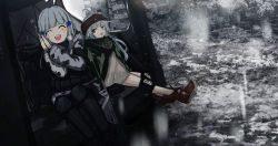2girls absurdres assault_rifle black_footwear black_legwear blush blush_stickers bullpup camouflage caseless_firearm closed_eyes commentary_request day full_body g11_(girls&#039;_frontline) girls&#039;_frontline green_jacket grey_eyes grey_hair gun h&amp;k_g11 h&amp;k_hk416 hair_between_eyes hair_ornament highres hk416_(fang)_(girls&#039;_frontline) hk416_(girls&#039;_frontline) jacket kilabo long_hair looking_at_another multiple_girls no_headwear official_alternate_costume open_mouth outdoors own_hands_clasped own_hands_together pantyhose rifle shoes sitting smile sneakers snow_camouflage weapon winter_uniform