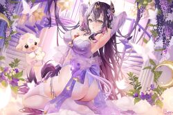 1girl animal_ears armpits arms_behind_head ass babydoll black_hair breasts commentary commission cow cow_ears cow_horns cow_tail cream crescent crescent_hair_ornament earrings flower food food_between_breasts fruit hair_ornament highres horns indie_virtual_youtuber isari_sensei jewelry long_hair moomi_star_(vtuber) multiple_tails pink_hair purple_babydoll purple_eyes purple_flower purple_ribbon ribbon solo stairs star_(symbol) star_earrings strawberry sweat tail thighhighs virtual_youtuber