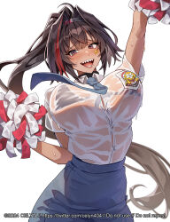 1girl :d arm_up artist_name bay_(nikke) bikini black_hair blush breasts celyn404 collared_shirt commentary commission furrowed_brow goddess_of_victory:_nikke grey_skirt hair_between_eyes hair_intakes highres holding indonesian_high_school_uniform large_breasts long_hair micro_bikini mole mole_under_mouth multicolored_hair open_mouth pencil_skirt pom_pom_(cheerleading) ponytail red_hair school_uniform see-through_clothes see-through_shirt sharp_teeth shirt short_sleeves simple_background skirt smile solo star_sticker sticker_on_face streaked_hair sweat swimsuit teeth twitter_username very_long_hair watermark wet wet_clothes wet_shirt white_background white_shirt