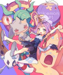 1girl acerola_(pokemon) armlet arms_up banette copyright_name dhelmise dress drifblim eyelashes froslass full_body game_freak gen_3_pokemon gen_4_pokemon gen_7_pokemon grey_eyes highres jewelry laughing looking_at_viewer nagatsukiariake nintendo open_mouth palossand pokemon pokemon_(creature) pokemon_usum purple_dress purple_hair sandals short_hair