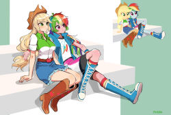 2girls alternate_skin_color antenna_hair applejack applejack_(equestria_girls) arm_support belt bike_shorts_under_skirt blonde_hair blue_boots blue_hair blue_jacket blue_skirt boots breasts brown_belt brown_boots brown_hat closed_mouth collared_jacket collared_shirt cowboy_hat cutie_mark denim denim_skirt freckles frilled_skirt frills full_body green_background green_eyes green_hair green_shirt hashtag-only_commentary hat high_heel_boots high_heels highres jacket kewoshixiaodaia knee_boots knee_up kneehighs large_breasts long_hair looking_ahead medium_breasts miniskirt multicolored_hair multiple_girls my_little_pony my_little_pony:_equestria_girls my_little_pony:_friendship_is_magic pink_eyes pink_skirt purple_hair rainbow_dash rainbow_dash_(equestria_girls) rainbow_hair red_hair red_socks reference_inset shadow shirt shirt_tucked_in shoelaces short-sleeved_jacket short_sleeves sideways_glance sitting sitting_on_stairs skirt smile socks stairs streaked_hair two-tone_background two-tone_shirt two-tone_skirt two-tone_socks very_long_hair white_background white_shirt white_skirt wristband yellow_socks