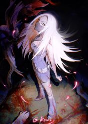 1girl artist_name belt blood blood_on_ground blood_splatter body_horror boots dark_background death demon_girl denim_dress dress highres kexiu long_hair looking_at_viewer shin_megami_tensei shin_megami_tensei_iii:_nocturne signature sleeveless sleeveless_dress tachibana_chiaki_(megami_tensei) white_hair yellow_eyes