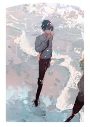 Rule 34 | 22kolink, 2boys, beach, black hair, collared shirt, ensemble stars!, full body, highres, long sleeves, male focus, multiple boys, necktie, pants, plaid clothes, plaid pants, sazanami jun, school uniform, shirt, short hair, standing, tomoe hiyori, walking, water, white shirt