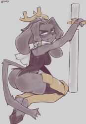 1girl animal_ears animal_feet animal_nose ass ass_focus back black_shirt bottomless breasts c3ilin full_body furry furry_female grey_fur highres horns looking_back medium_breasts no_panties no_pants pseudoregalia rabbit_ears shirt sybil_(pseudoregalia) tail teeth weapon wide_hips