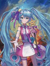 1girl blue_hair breasts closed_mouth cowboy_shot dress hair_ornament hair_ribbon hand_up hashtag-only_commentary hatsune_miku heart highres holding holding_wand long_hair looking_at_viewer magical_mirai_miku magical_mirai_miku_(2022) necktie pink_dress pink_necktie qiu-k_(qiukkon) ribbon rocket short_dress signature sleeveless sleeveless_dress small_breasts solo standing star_(symbol) star_hair_ornament thigh_strap twintails very_long_hair vocaloid wand
