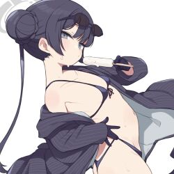 1girl bare_shoulders bikini black_bikini black_coat black_gloves black_hair blue_archive blush breasts coat double_bun food gamuo gloves grey_eyes hair_bun hair_ornament halo hand_on_own_hip holding holding_food holding_popsicle kisaki_(blue_archive) long_hair looking_at_viewer popsicle simple_background small_breasts solo stomach swimsuit swimsuit_under_clothes twintails white_background
