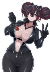 1girl black_bodysuit blush bodysuit breasts catsuit center_opening cleavage curvy domino_mask double-parted_bangs double_bun eye_mask gloves goddess_of_victory:_nikke grin hair_between_eyes hair_bun hand_up high_heels highres huge_breasts jewelry looking_at_viewer lucyfer mask mask_on_head multicolored_hair naughty_face navel official_alternate_costume open_bodysuit open_clothes pendant purple_hair quency_(escape_queen)_(nikke) quency_(nikke) red_eyes revealing_clothes shiny_clothes shiny_skin skin_tight smile solo stomach streaked_hair sweat thighs two-tone_hair unzipped v white_background wide_hips