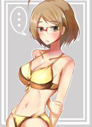 ... 1girl :o ahoge alternate_costume arms_behind_back bikini blush breasts brown_hair cleavage collarbone glasses gold_bikini highres holding_own_arm idolmaster idolmaster_cinderella_girls large_breasts looking_at_viewer mole mole_under_mouth navel outline rectangular_eyewear red-framed_eyewear short_hair solo spoken_ellipsis stomach swimsuit syugoumiso thighs tsuchiya_ako white_outline