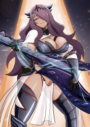 1girl alternate_costume armor bikini_armor black_armor blush breasts camilla_(fire_emblem) cape cleavage closed_eyes fire_emblem fire_emblem_fates gloves guitar hair_ornament hair_over_one_eye highres holding holding_guitar holding_instrument ihsnet instrument large_breasts leotard long_hair looking_at_viewer music nintendo no_panties pelvic_curtain playing_instrument purple_eyes purple_hair pussy revealing_clothes see-through_clothes smile solo tiara very_long_hair wavy_hair white_cape
