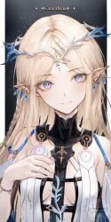 1girl absurdres bare_shoulders black_background black_collar blonde_hair blue_eyes border breasts cartethyia_(wuthering_waves) character_name closed_mouth collar commentary crown_of_thorns earrings english_commentary fingernails hand_on_own_chest highres jewelry long_hair looking_at_viewer necklace parted_bangs pillarboxed pointy_ears portrait renoahh sidelocks small_breasts smile solo tacet_mark_(wuthering_waves) upper_body white_border wuthering_waves
