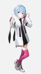 1girl animal_ears animal_hood ayanami_rei black_dress blue_hair commentary_request dress fake_animal_ears full_body grey_background hair_between_eyes hands_up highres hood hood_down hooded_jacket jacket kani_biimu long_sleeves looking_at_viewer neon_genesis_evangelion rabbit_ears rabbit_hood red_eyes red_thighhighs reebok reebok_pump shoes simple_background sleeves_past_wrists sneakers solo standing thighhighs white_jacket white_shoes