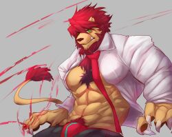 1boy abs animal_ears bara bulge claws closed_mouth fang fang_out furrification furry furry_male glasses highres istani kekkai_sensen klaus_von_reinhertz lion_boy lion_ears lion_mane lion_tail male_focus male_underwear muscular muscular_male necktie open_clothes open_pants open_shirt pants pawpads pectorals red_male_underwear red_necktie shirt tail underwear white_shirt