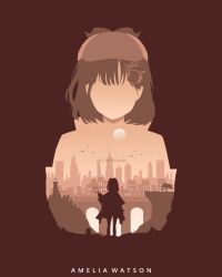 1girl artist_name bridge brown_theme building capelet character_name city coat deerstalker hair_ornament hat highres hololive hololive_english lighthouse magnifying_glass medium_hair multiple_views rezami silhouette skyline tree virtual_youtuber watson_amelia watson_amelia_(1st_costume)