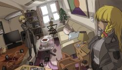 0_nin 114514_(meme) 2girls :3 air_conditioner belt black_hair black_pants black_shirt blood book bookshelf bow brown_belt brown_footwear calendar_(object) ceiling_fan chair chalk_outline character_doll closed_eyes coat commentary_request contemporary cookie_(touhou) couch crime_scene crossed_arms cup curtains doll drawer dutch_angle fake_hisui_(cookie) flower full_body glass_table gloves green_eyes grey_coat grey_gloves grey_shirt hand_fan hand_on_own_chin highres indoors inmu-kun joker_(cookie) kirisame_marisa lamp long_hair manatsu_no_yo_no_inmu miura_cat miura_daisenpai mizuhashi_parsee mug multiple_girls open_mouth painting_(object) pants patch pencil pillow plant pointy_ears potted_plant purple_hair red_bow reisen_udongein_inaba shirt shirt_tucked_in shoes short_hair slow_loris stuffed_animal stuffed_cat stuffed_toy suzu_(cookie) table television touhou translation_request window yajuu_senpai yellow_flower