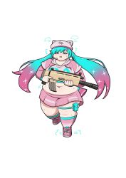 1girl alternate_body_size alternate_breast_size an_(an_chang) animal_ears aqua_eyes aqua_hair aqua_trim big_belly boots breasts fake_animal_ears fat fat_woman fortnite gradient_hair gun hat highres holding holding_gun holding_weapon hood hoodie long_hair medium_breasts microphone midriff multicolored_hair navel neko_hatsune_miku pink_boots pink_hat pink_hoodie pink_skirt pink_socks pleated_skirt simple_background skirt socks solo thick_thighs thigh_strap thighs vocaloid weapon weight_gain white_background