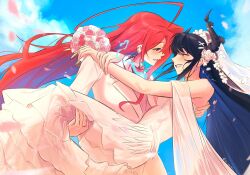 2girls absurdres ahoge black_hair blue_fire blue_hair blush bouquet bridal_veil closed_mouth demon_horns dress elisbian elizabeth_rose_bloodflame fire flower formal_clothes hair_flower hair_ornament highres holding holding_bouquet hololive hololive_english horns jewelry long_hair mole mole_under_eye multiple_girls nerissa_ravencroft red_eyes red_hair ring smile suit veil very_long_hair virtual_youtuber wedding_dress wedding_ring white_dress white_flower white_suit wife_and_wife x_hair_ornament yuri