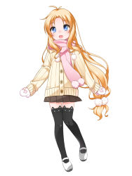 1girl :d animal_ear_legwear black_pantyhose blonde_hair blue_eyes blush buttons cat_ear_legwear cat_ear_thighhighs cat_legwear cat_thighhighs child commentary_request female_focus full_body highres kashiwagi_hatsune kizuato long_hair looking_at_viewer low-tied_long_hair mittens open_mouth pantyhose pink_scarf pleated_skirt pom_pom_(clothes) scarf shoes shouji_ayumu simple_background skirt smile solo thighhighs uncensored very_long_hair white_background winter_clothes