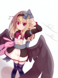 Rule 34 | 1girl, absurdres, black dress, black hairband, black ribbon, black wings, blonde hair, dark feather alma, dress, emil chronicle online, hairband, highres, holding, holding stuffed toy, red eyes, red ribbon, ribbon, rna0, standing, stuffed toy, white background, wind, wings