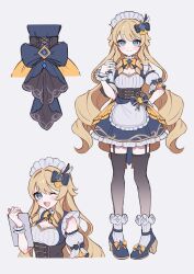 1girl ;d alternate_costume apron black_bow blonde_hair blue_bow blue_dress blush bow breasts clipboard closed_mouth commentary detached_sleeves dress enmaided frilled_hairband frilled_wrist_cuffs frills full_body genshin_impact hair_bow hairband hand_on_own_hip hand_up highres holding holding_clipboard long_hair maid maid_headdress medium_breasts multiple_views navia_(genshin_impact) one_eye_closed open_mouth puffy_short_sleeves puffy_sleeves short_sleeves sikaku simple_background smile standing twitter_username very_long_hair white_apron white_background white_hairband wrist_cuffs