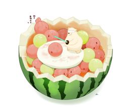 animal animal_focus artist_name bear bird blindfold chai_(drawingchisanne) food food_focus fruit in_food japanese_text no_humans on_food original polar_bear signature simple_background sweets_bird sword undersized_animal water watermelon watermelon_seeds weapon white_background