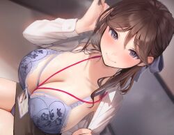 1girl adjusting_hair black_skirt bra breasts brown_hair cleavage collarbone collared_shirt hair_between_eyes hair_ribbon hand_up id_card inushima lace lace-trimmed_bra lace_trim lanyard large_breasts light_blush looking_at_viewer medium_hair office_lady open_clothes open_shirt original panties panty_peek pencil_skirt purple_bra purple_eyes purple_ribbon ribbon shirt sitting skirt smile solo underwear veins veiny_breasts white_shirt