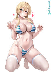 1girl aqua_bikini aqua_eyes artist_name bikini blonde_hair blush breasts cleavage collarbone commentary ebifurya full_body groin hair_between_eyes hair_intakes hands_up heart highleg highleg_bikini highres kantai_collection kneeling large_breasts long_hair looking_at_viewer low_twintails navel no_shoes one-hour_drawing_challenge prinz_eugen_(kancolle) shiny_skin sidelocks simple_background skindentation smile solo stomach striped_bikini striped_clothes swimsuit thick_thighs thighhighs thighs twintails twitter_username white_background white_stripes white_thighhighs