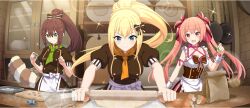 Rule 34 | 3girls, apron, ascot, bag, baking, blonde hair, blue eyes, bow, braid, breasts, brick wall, brown bow, brown hair, brown skirt, buttons, cabinet, cleavage, collarbone, cookie cutter, crown braid, cutting board, darkness (konosuba), double-breasted, double-parted bangs, eggshell, erika (konosuba), food, frilled apron, frills, fruit, frying pan, game cg, green ascot, green eyes, hair bow, heart, high ponytail, highres, holding, holding cherry, holding cookie cutter, holding food, holding fruit, holding rolling pin, kono subarashii sekai ni shukufuku wo!, konosuba! fantastic days, lean (konosuba), lens flare, long hair, medium breasts, multiple girls, official art, orange ascot, paper bag, pink hair, pink skirt, plate, ponytail, raccoon tail, red eyes, rolling pin, short sleeves, sidelocks, skirt, sparkle, striped bow, striped clothes, striped skirt, table, tail, third-party source, towel, twintails, vertical-striped clothes, vertical-striped skirt, very long hair, white wrist cuffs, wooden table, wrist cuffs