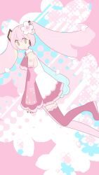 1girl ascot boots cherry_blossoms commentary detached_sleeves from_side full_body green_eyes hatsune_miku hazakura_chikori headset highres long_hair looking_at_viewer number_tattoo pink_ascot pink_background pink_boots pink_hair pink_nails pink_skirt pink_sleeves pink_theme sakura_miku shirt skirt solo tattoo twintails very_long_hair vocaloid white_background white_shirt