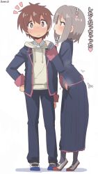2boys bambi2000line blush brown_eyes brown_hair collared_shirt crossdressing grey_hair hair_between_eyes highres long_skirt long_sleeves multiple_boys onii-chan_wa_oshimai! open_clothes sakurada_yuuta school_uniform senkawa_minato shirt simple_background skirt translation_request trap
