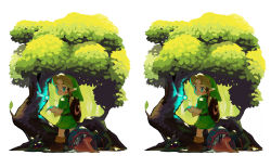 blonde_hair blue_eyes deku_baba deku_scrub forest highres link nature navi nintendo stereogram sword the_legend_of_zelda tree weapon
