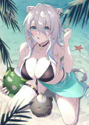 1girl :o alternate_costume animal_ear_fluff animal_ear_piercing animal_ears arm_strap beach bell bikini black_bikini black_nails blush breasts cleavage cocoablue23 collarbone commentary_request fingernails front-tie_bikini_top front-tie_top full_body green_eyes green_sarong grey_hair hair_between_eyes highres hololive large_breasts lion_ears lion_girl lion_tail long_hair neck_bell ocean palm_leaf sand sarong shishiro_botan sitting solo_focus spread_legs ssrb_(shishiro_botan) starfish swimsuit tail textless_version thigh_strap virtual_youtuber wariza water wet wet_bikini