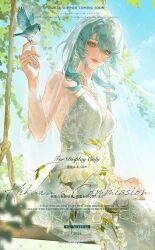 1girl bare_shoulders bird bird_on_hand breasts bridal_veil bride cleavage dress earrings feichuan02 flower from_below hair_between_eyes jewelry long_hair looking_at_viewer nightingale_(path_to_nowhere) on_swing outdoors path_to_nowhere smile solo swing veil wedding_dress
