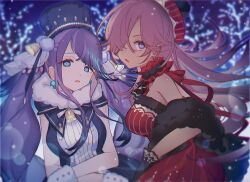 2girls alternate_costume asymmetrical_bangs bell black_gloves blue_eyes blue_hair blurry bokeh capelet choker christmas christmas_lights cinderella_(sinoalice) dark-skinned_female dark_skin depth_of_field dress earrings fins frilled_choker frills fur_trim gloves hair_bell hair_ornament hair_over_one_eye hat head_fins jewelry kina_(446964) long_hair looking_at_viewer multiple_girls ningyo_hime_(sinoalice) open_mouth pink_hair puffy_collar purple_eyes red_dress ribbon sidelocks sinoalice twintails very_long_hair winter_clothes