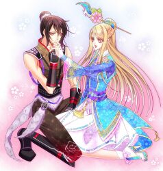 armor black_hair blonde_hair braid chacha hair_bun hair_ornament high_heels holding_hands japanese_clothes kimono kissing_hand lady_y lips long_hair obi ribbon sarutobi_sasuke_(sengoku_musou) sash sengoku_musou