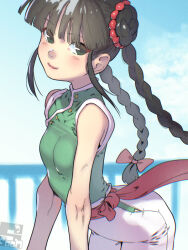 1girl artist_logo artist_name bow braid breasts closed_mouth cowboy_shot female_focus green_eyes green_shirt hair_bow hair_bun logo long_hair looking_at_viewer pants red_bow sash shirt side_slit sidelocks sleeveless sleeveless_shirt small_breasts smile solo soon_(c-u-soon) strider_(video_game) tong_pooh twin_braids white_pants