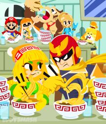 absurdres animal_crossing arms_(game) beanie blonde_hair bowl bracelet captain_falcon chopsticks donkey_kong donkey_kong_(series) eating eddysmash2407 eye_mask f-zero facial_hair food hat helmet highres inkling_girl inkling_player_character isabelle_(animal_crossing) jewelry mario mario_(series) metroid min_min_(arms) mustache nintendo noodles orange_hair ramen red_helmet samus_aran scarf short_hair splatoon_(series) super_smash_bros. visor