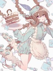 admire_vega_(umamusume) animal_ears apron artist_name blue_bow blue_jacket bow braid brown_hair cake commentary_request ear_covers falling food grey_socks hair_between_eyes hair_bow highres himawari_himuka holding holding_tray horse_ears horse_girl horse_tail jacket jersey_maid long_hair looking_at_viewer maid maid_apron open_mouth pill purple_eyes roller_skates single_ear_cover skates socks syringe tail tray twin_braids umamusume unconventional_maid white_background white_footwear