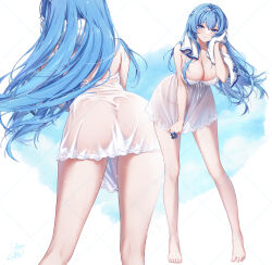 1girl aeon_ion ass barefoot blue_eyes blue_hair breasts cleavage commentary_request dress feet from_behind goddess_of_victory:_nikke hairband helm_(nikke) helm_(post-shower_moment)_(nikke) highres large_breasts leaning_forward long_hair multiple_views nightgown official_alternate_costume see-through_nightgown smile toes towel towel_around_neck very_long_hair wet wet_clothes wet_dress white_hairband white_nightgown