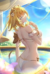 1girl absurdres aglaea_(honkai:_star_rail) ass back blonde_hair flower hair_flower hair_ornament highres honkai:_star_rail honkai_(series) kaede_uehara sitting swimsuit water yellow_nails