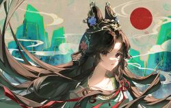 1girl absurdres black_hair blue_flower brown_eyes chinese_clothes cloud double_bun floating_hair flower hair_bun hair_ornament highres jiu_niangzi jiu_niangzi_(blossom_spring_fairy) long_hair looking_at_viewer mountain official_alternate_costume oriane parted_lips pink_flower reverse:1999 solo sun upper_body very_long_hair