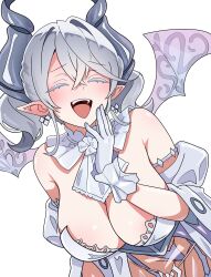 Rule 34 | 1girl, absurdres, armlet, bamboo tac, bare shoulders, blush, breasts, cleavage, closed eyes, demon girl, demon horns, demon wings, detached collar, drill hair, duel monster, earrings, gloves, grey hair, hair between eyes, highres, horns, jewelry, large breasts, leaning forward, lovely labrynth of the silver castle, open mouth, pointy ears, short hair, simple background, smile, solo, teeth, twin drills, upper teeth only, white background, white gloves, wings, yu-gi-oh!