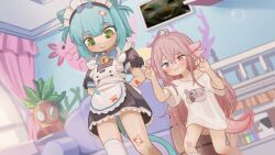2girls :3 ahoge animal_ears apron aqua_hair aqua_panties arms_behind_back axolotl axolotl_ears axolotl_girl axolotl_tail bandaid bandaid_on_arm bandaid_on_leg barrel bell blue_eyes blush bow bowtie cat_ears cat_girl cat_tail closed_mouth commentary coral couch curtains drooling elio_lotl english_commentary female_pervert flat_chest frilled_apron frills from_below green_eyes groping_motion hair_between_eyes heterochromia highres indie_virtual_youtuber indoors krumroll long_hair looking_down maid maid_apron maid_headdress miniskirt multiple_girls nanachides neck_bell no_pants panties pantyshot pervert picture_frame pink_eyes pink_hair pink_panties print_shirt puffy_short_sleeves puffy_sleeves shirt short_hair short_sleeves single_thighhigh skirt socks standing tail thighhighs underwear virtual_youtuber white_apron white_shirt white_socks white_thighhighs window