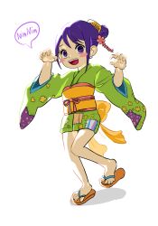 Rule 34 | 1girl, arms up, comb, commentary request, green kimono, hair bun, highres, japanese clothes, kimono, korean commentary, kurozumi tama, looking at viewer, medium hair, nakajima (user111860274), one piece, open mouth, print kimono, purple hair, sandals, single hair bun, smile, solo, standing, standing on one leg, teeth, toes, upper teeth only, zouri