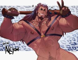 1boy abs alcyon_(another_eidos) another_eidos-r arm_hair bara biceps bone_necklace bracelet braid brown_gloves brown_hair chest_hair chest_harness cowboy_shot facial_hair fingerless_gloves gloves goatee grin hair_bun harness highres jewelry large_pectorals long_hair long_sideburns muscular muscular_male nipples one_eye_closed pectorals pubic_hair robokeh scar scar_on_arm scar_on_face scar_on_nose scar_on_stomach sideburns single_braid smile solo sparkle spiked_bat spiked_bracelet spikes thick_eyebrows v v-taper
