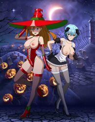 2girls adapted_costume alternate_breast_size artist_request ayanami_rei between_buttocks blue_hair breasts breasts_out brown_hair cosplay curvy halloween_costume hat highleg highleg_leotard highres leotard looking_at_viewer looking_back maid miniskirt multiple_girls neon_genesis_evangelion night night_sky nipples open_mouth outdoors polearm pumpkin red_eyes revealing_clothes shiny_clothes shiny_skin short_hair signature skindentation skirt sky smile souryuu_asuka_langley standing thong_leotard weapon wide_hips witch_hat