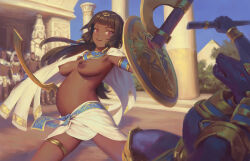 1girl armlet big_belly bigrbear breasts dark-skinned_female dark_skin highres holding holding_shield holding_sword holding_weapon jewelry medium_breasts nipples original outdoors pregnant shield sword uncensored usekh_collar weapon zenra