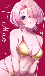 1girl :o absurdres alternate_costume arimura_mao asymmetrical_bangs bikini blunt_bangs breasts character_name collarbone commentary_request gakuen_idolmaster gold_bikini golden_week hair_over_one_eye highres idolmaster large_breasts latte_(a_nextsystem) looking_at_viewer makeup navel partial_commentary pink_hair purple_eyes short_hair solo stomach swimsuit